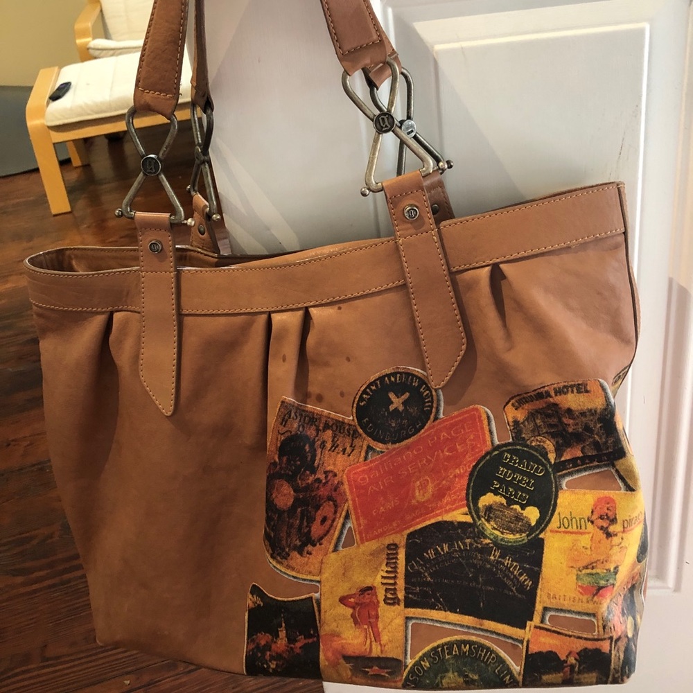 Brown leather John Galliano travel tote bag